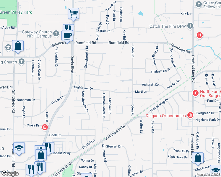 map of restaurants, bars, coffee shops, grocery stores, and more near 8621 Hightower Drive in North Richland Hills