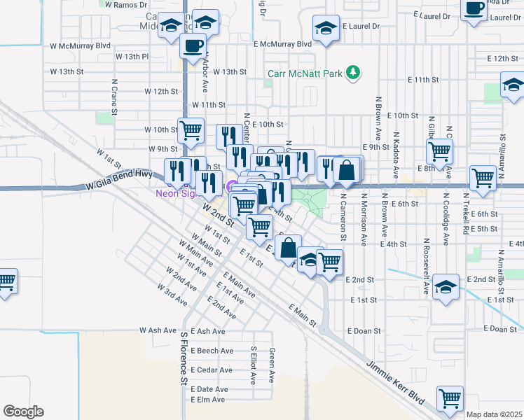 map of restaurants, bars, coffee shops, grocery stores, and more near 420 North Florence Street in Casa Grande