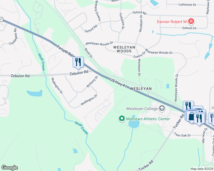 map of restaurants, bars, coffee shops, grocery stores, and more near 4860 Forsyth Road in Macon