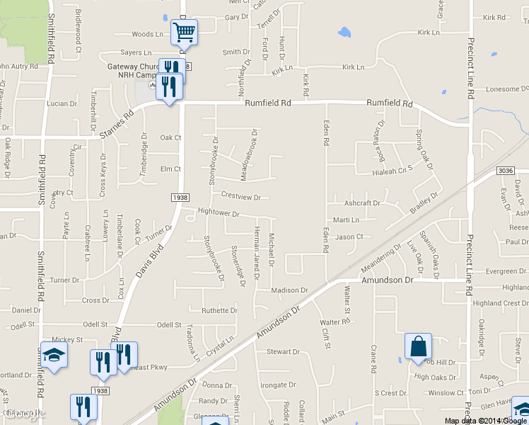 map of restaurants, bars, coffee shops, grocery stores, and more near 8621 Hightower Drive in North Richland Hills