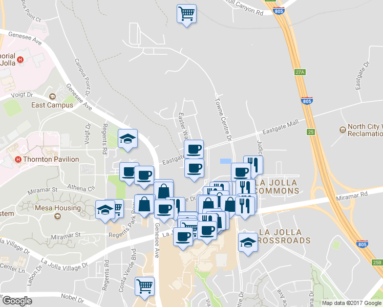 map of restaurants, bars, coffee shops, grocery stores, and more near Eastgate Mall & Easter Way in San Diego