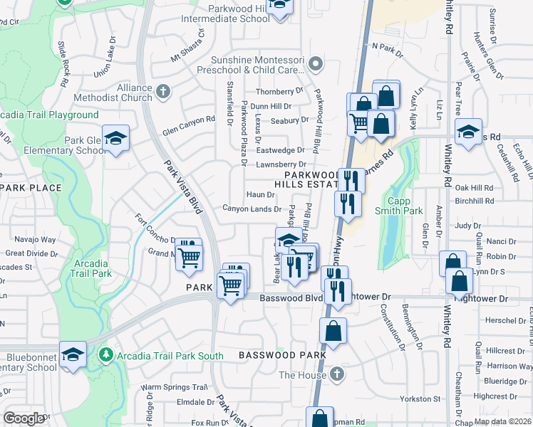 map of restaurants, bars, coffee shops, grocery stores, and more near 5524 Canyon Lands Drive in Fort Worth