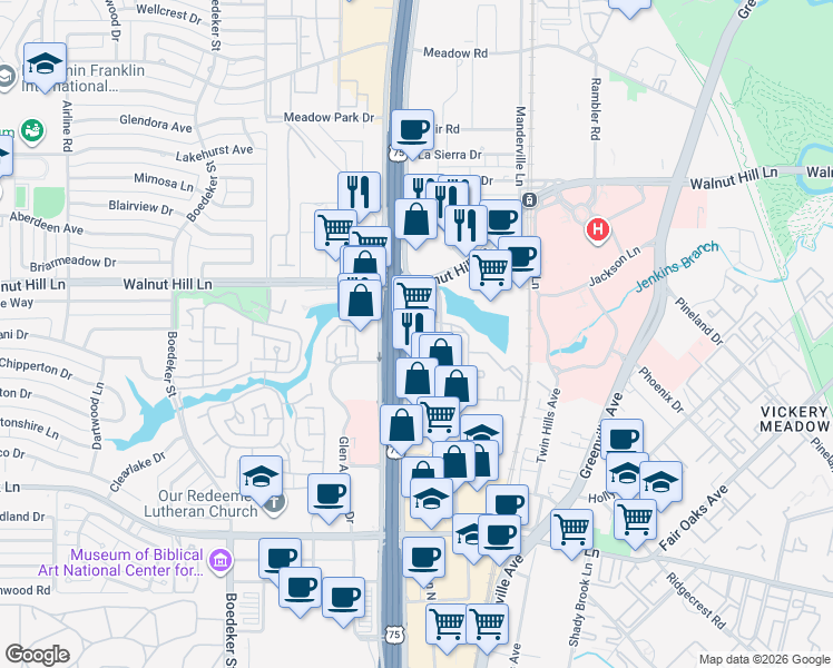 map of restaurants, bars, coffee shops, grocery stores, and more near 9500 North Central Expressway in Dallas