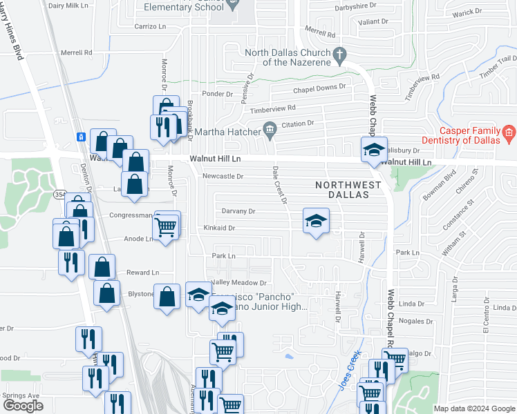 map of restaurants, bars, coffee shops, grocery stores, and more near 3165 Darvany Drive in Dallas