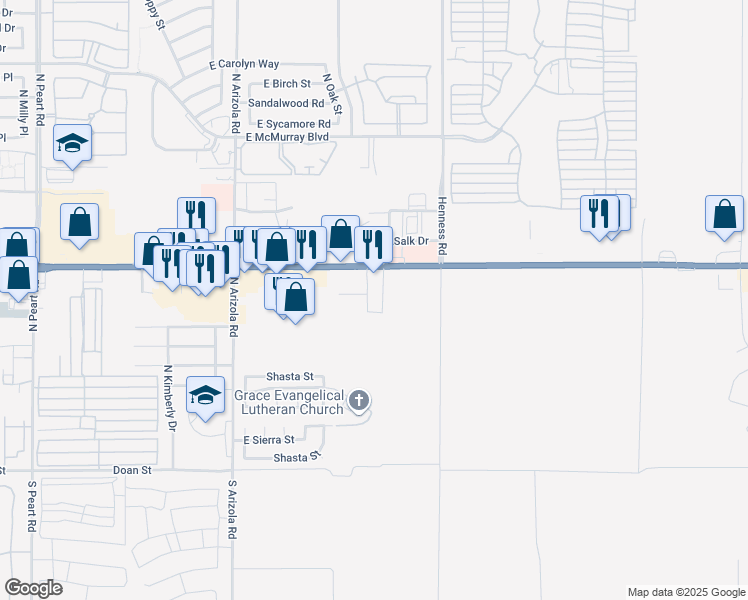 map of restaurants, bars, coffee shops, grocery stores, and more near 665 North Via Del Cielo Road in Casa Grande