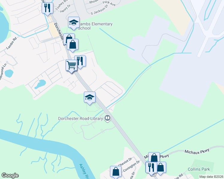 map of restaurants, bars, coffee shops, grocery stores, and more near 6486 Dorchester Road in North Charleston