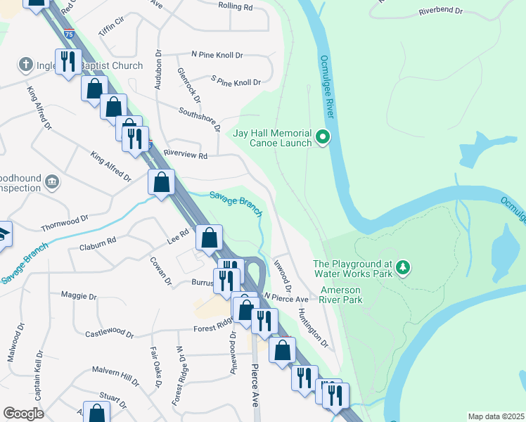 map of restaurants, bars, coffee shops, grocery stores, and more near 2750 Riverview Road in Macon