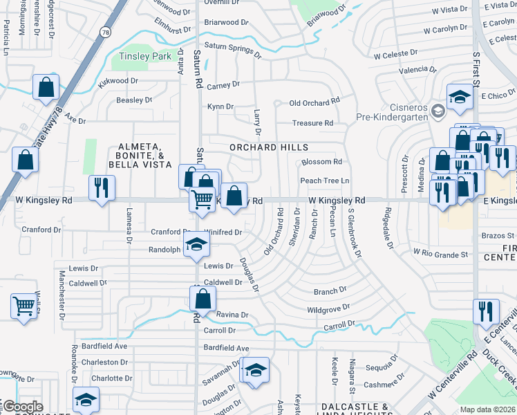 map of restaurants, bars, coffee shops, grocery stores, and more near 1320 West Kingsley Road in Garland