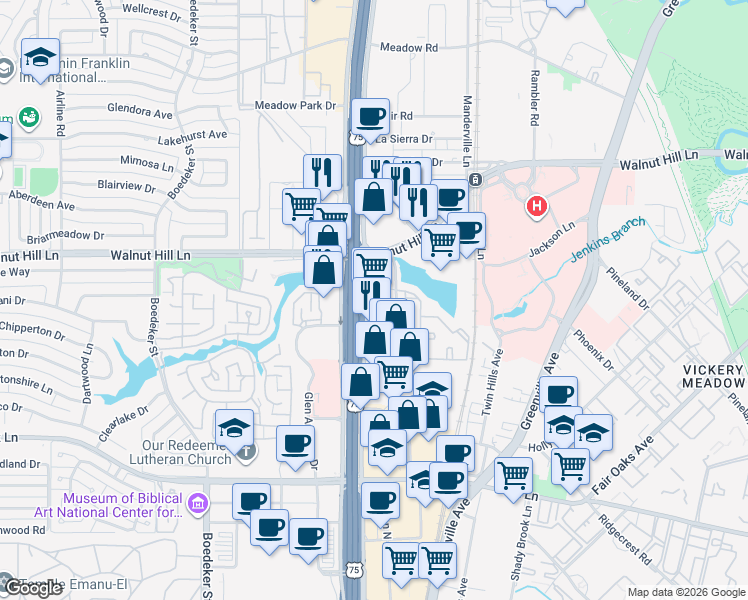 map of restaurants, bars, coffee shops, grocery stores, and more near 9500 East Service Road in Dallas