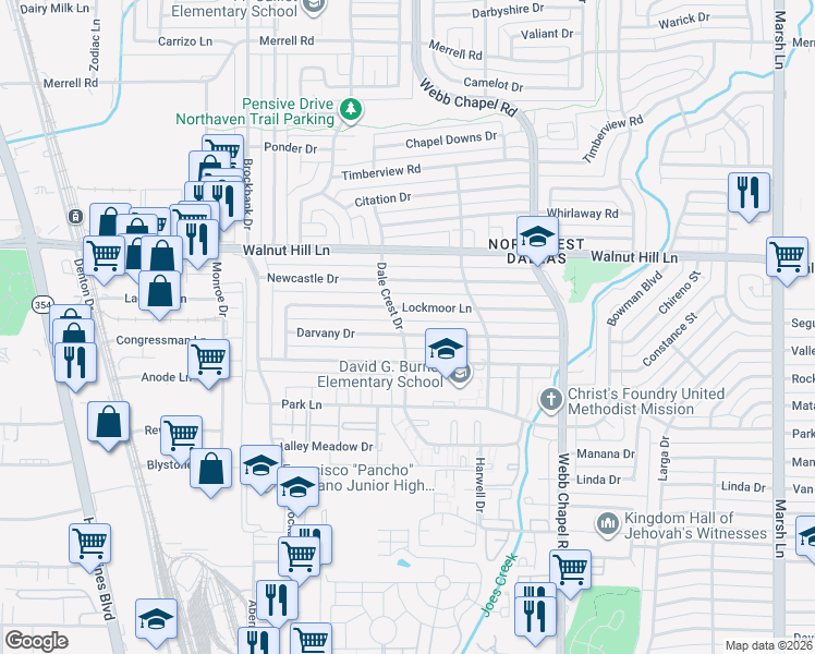 map of restaurants, bars, coffee shops, grocery stores, and more near 3191 Darvany Drive in Dallas