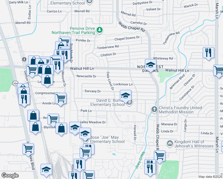 map of restaurants, bars, coffee shops, grocery stores, and more near 3191 Darvany Drive in Dallas