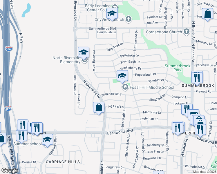 map of restaurants, bars, coffee shops, grocery stores, and more near 7621 Honeybee Lane in Fort Worth