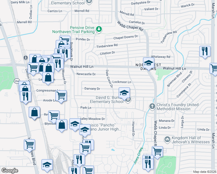 map of restaurants, bars, coffee shops, grocery stores, and more near 3191 Darvany Drive in Dallas