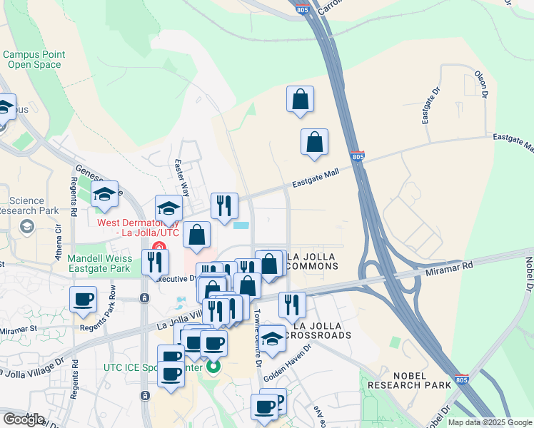 map of restaurants, bars, coffee shops, grocery stores, and more near 9393 Towne Centre Drive in San Diego