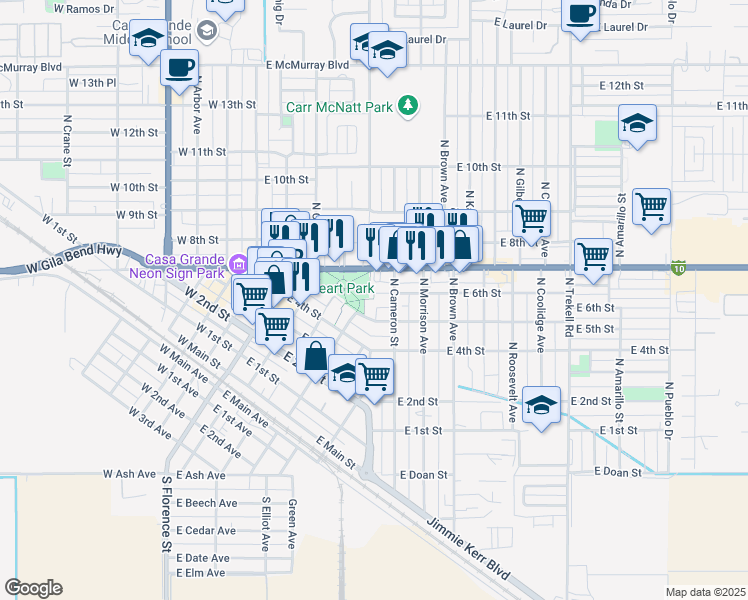 map of restaurants, bars, coffee shops, grocery stores, and more near 401 E 6th St in Casa Grande