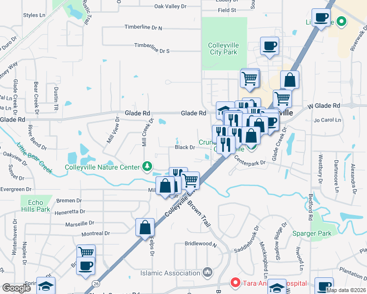 map of restaurants, bars, coffee shops, grocery stores, and more near Black Drive in Colleyville