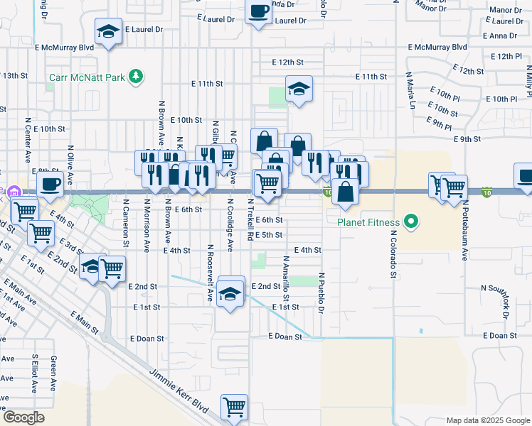 map of restaurants, bars, coffee shops, grocery stores, and more near 1120 East 6th Street in Casa Grande