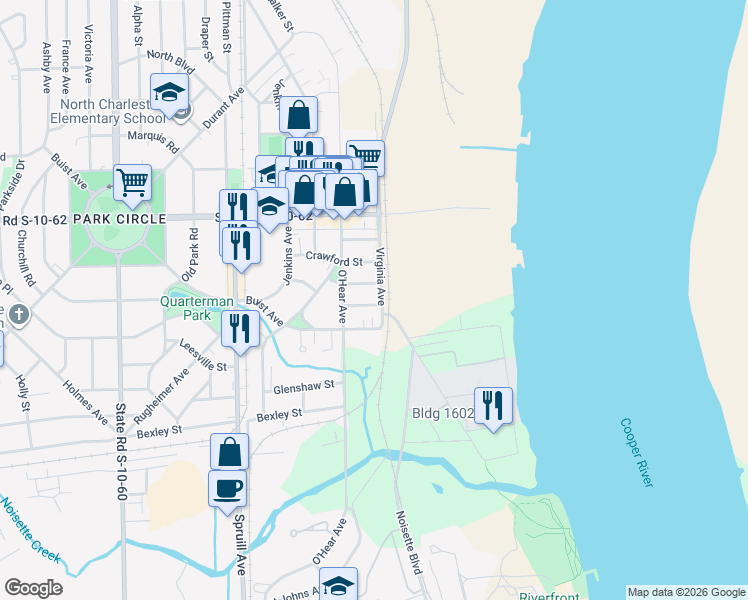 map of restaurants, bars, coffee shops, grocery stores, and more near 1004 Alamo Street in North Charleston