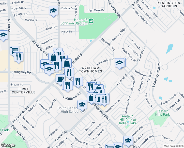 map of restaurants, bars, coffee shops, grocery stores, and more near 1117 Chimney Rock Trail in Garland
