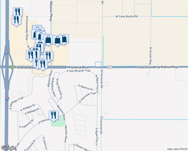 map of restaurants, bars, coffee shops, grocery stores, and more near 2663 East San Ricardo Trail in Casa Grande