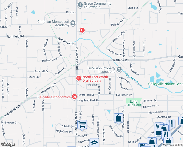 map of restaurants, bars, coffee shops, grocery stores, and more near 716 Ashley Drive in Hurst