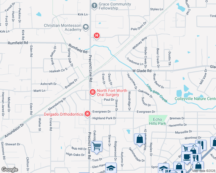 map of restaurants, bars, coffee shops, grocery stores, and more near 716 Ashley Drive in Hurst