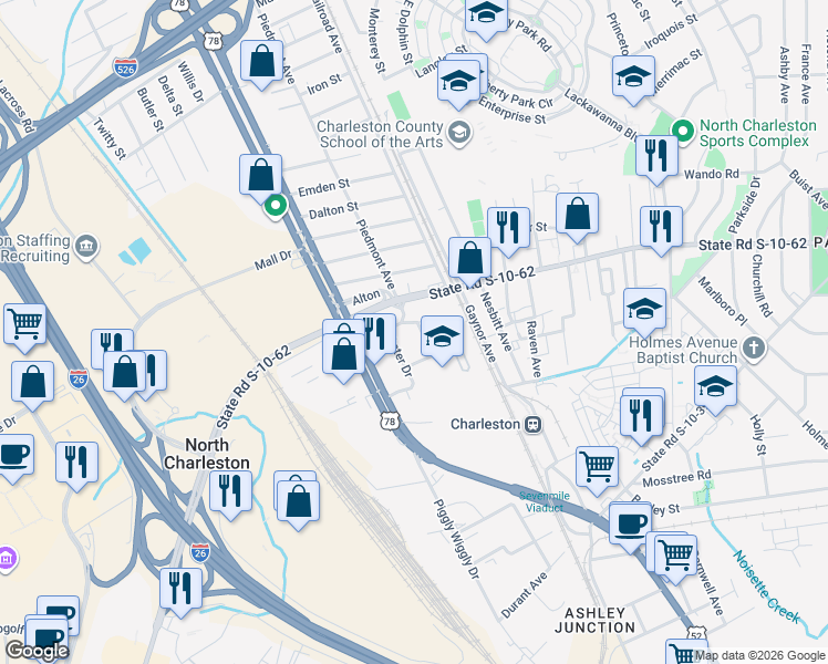 map of restaurants, bars, coffee shops, grocery stores, and more near 4755 Spruce Street in North Charleston