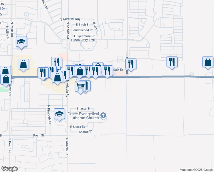 map of restaurants, bars, coffee shops, grocery stores, and more near 665 North Via Del Cielo Road in Casa Grande