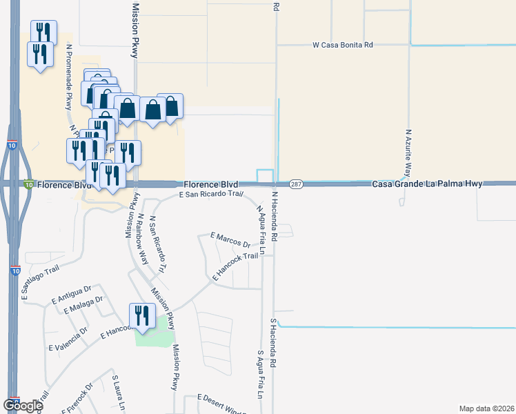 map of restaurants, bars, coffee shops, grocery stores, and more near 2663 East San Ricardo Trail in Casa Grande