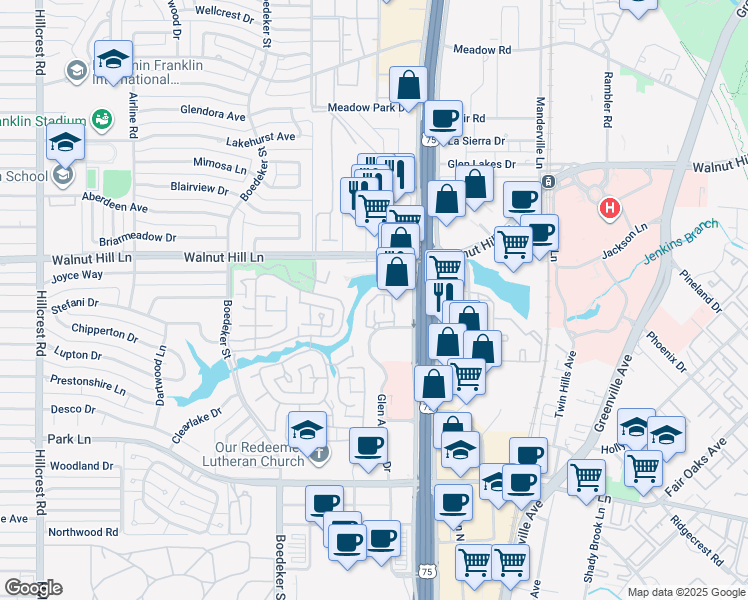 map of restaurants, bars, coffee shops, grocery stores, and more near 7777 Glen America Drive in Dallas