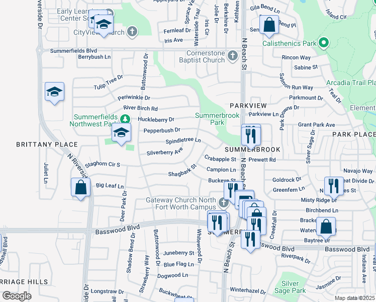 map of restaurants, bars, coffee shops, grocery stores, and more near 4233 Staghorn Circle South in Fort Worth