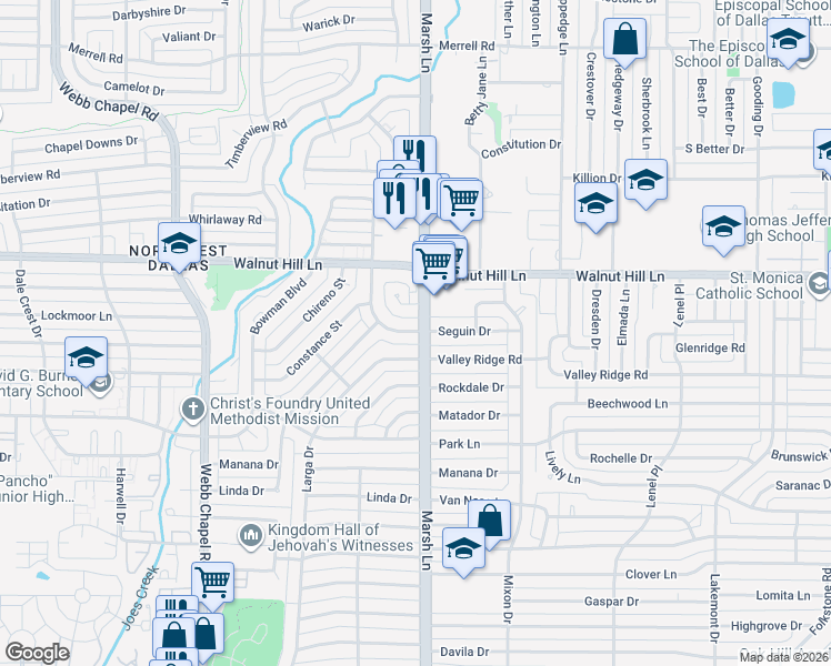map of restaurants, bars, coffee shops, grocery stores, and more near 3638 Seguin Drive in Dallas