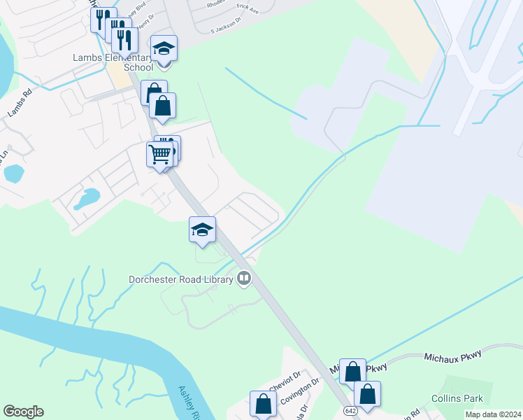 map of restaurants, bars, coffee shops, grocery stores, and more near 6486 Dorchester Road in North Charleston