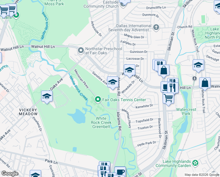 map of restaurants, bars, coffee shops, grocery stores, and more near 8830 Sanshire Avenue in Dallas