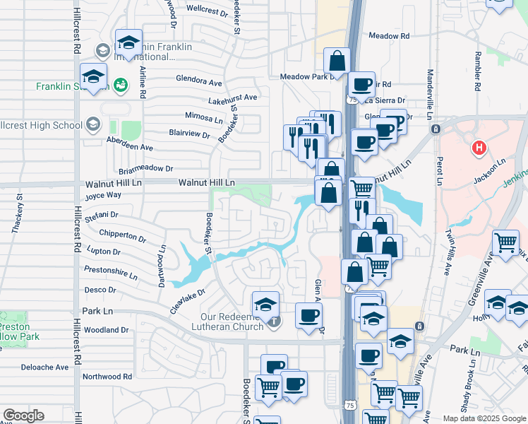 map of restaurants, bars, coffee shops, grocery stores, and more near 7740 Glen Albens Circle in Dallas