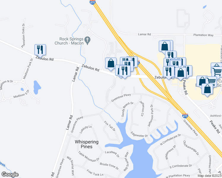map of restaurants, bars, coffee shops, grocery stores, and more near 109 Lake Wildwood Drive in Macon