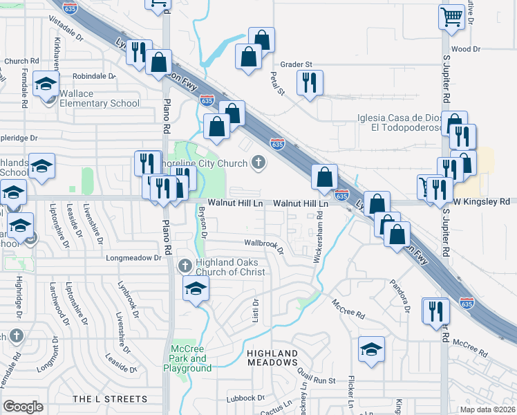 map of restaurants, bars, coffee shops, grocery stores, and more near 10950 Walnut Hill Lane in Dallas