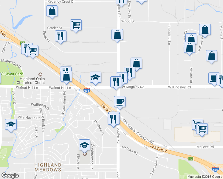 map of restaurants, bars, coffee shops, grocery stores, and more near 3500 West Kingsley Road in Garland