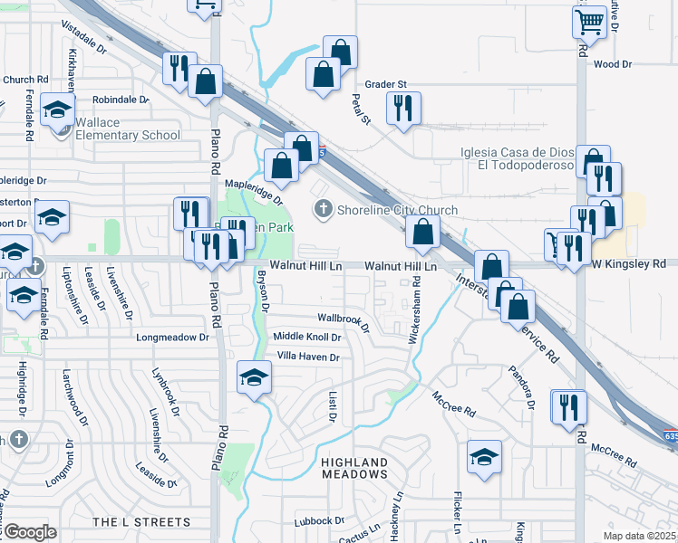 map of restaurants, bars, coffee shops, grocery stores, and more near 9679 Rolling Rock Lane in Dallas