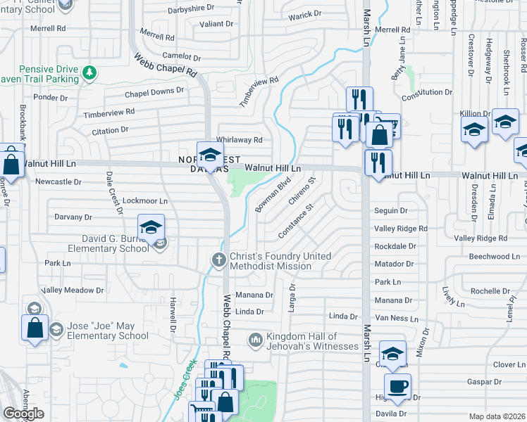 map of restaurants, bars, coffee shops, grocery stores, and more near 9916 Bowman Boulevard in Dallas