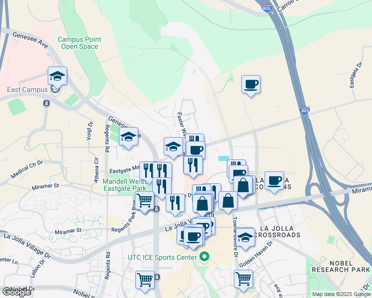map of restaurants, bars, coffee shops, grocery stores, and more near 9506 Easter Way in San Diego