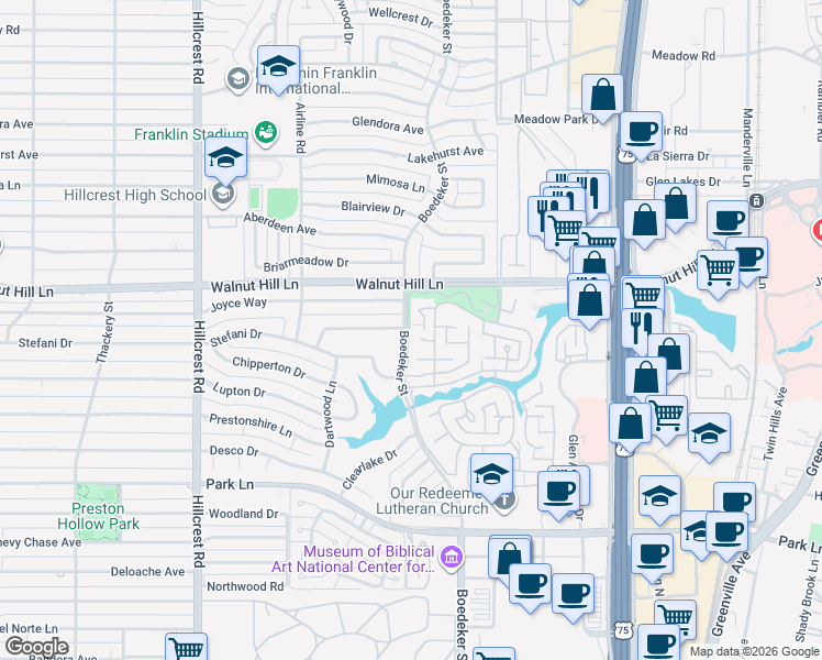 map of restaurants, bars, coffee shops, grocery stores, and more near 7 Royal Terrace Court in Dallas