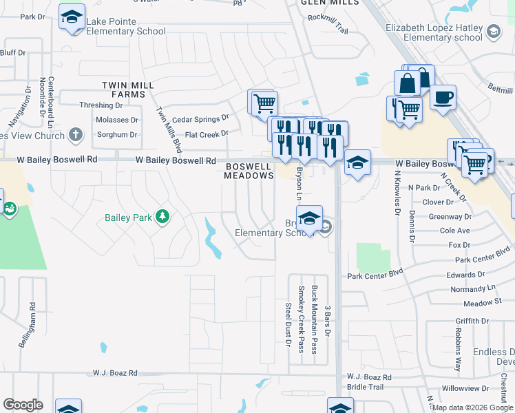 map of restaurants, bars, coffee shops, grocery stores, and more near 8625 Hawkview Drive in Fort Worth