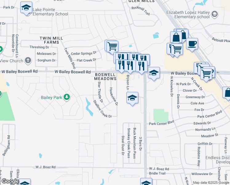 map of restaurants, bars, coffee shops, grocery stores, and more near 8625 Boswell Meadows Drive in Fort Worth