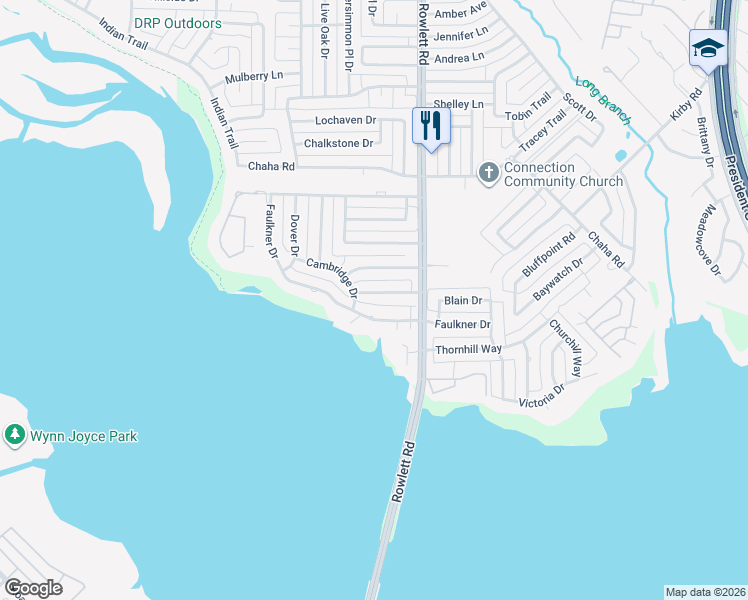 map of restaurants, bars, coffee shops, grocery stores, and more near 3302 Woodbridge Lane in Rowlett