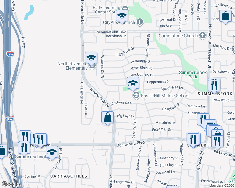 map of restaurants, bars, coffee shops, grocery stores, and more near 7621 Honeybee Lane in Fort Worth