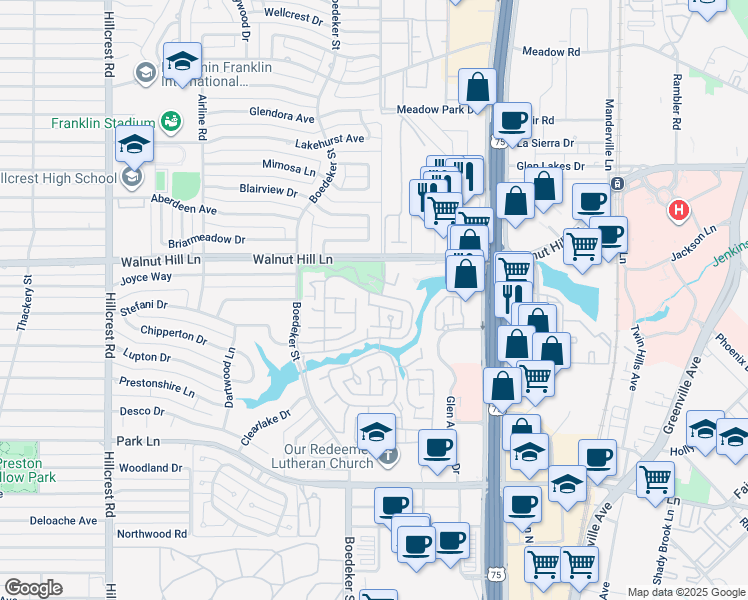 map of restaurants, bars, coffee shops, grocery stores, and more near 7740 Glen Albens Circle in Dallas