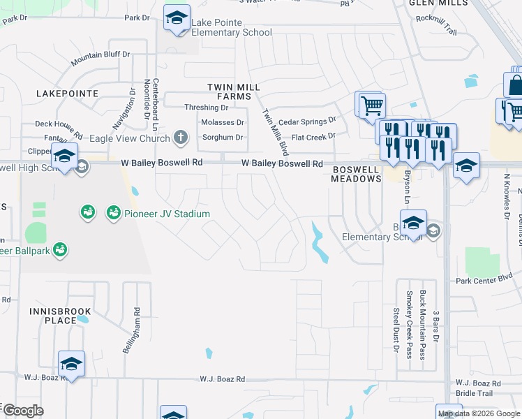 map of restaurants, bars, coffee shops, grocery stores, and more near 5101-5301 West Bailey Boswell Road in Fort Worth