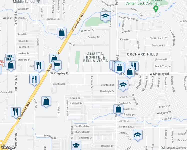 map of restaurants, bars, coffee shops, grocery stores, and more near 1620 West Kingsley Road in Garland