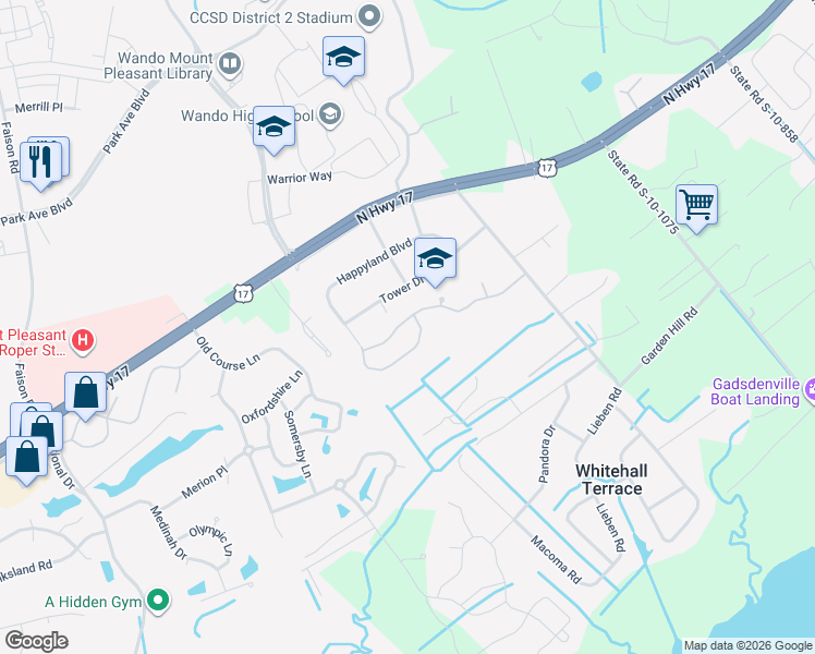 map of restaurants, bars, coffee shops, grocery stores, and more near 3609 Locklear Lane in Mount Pleasant